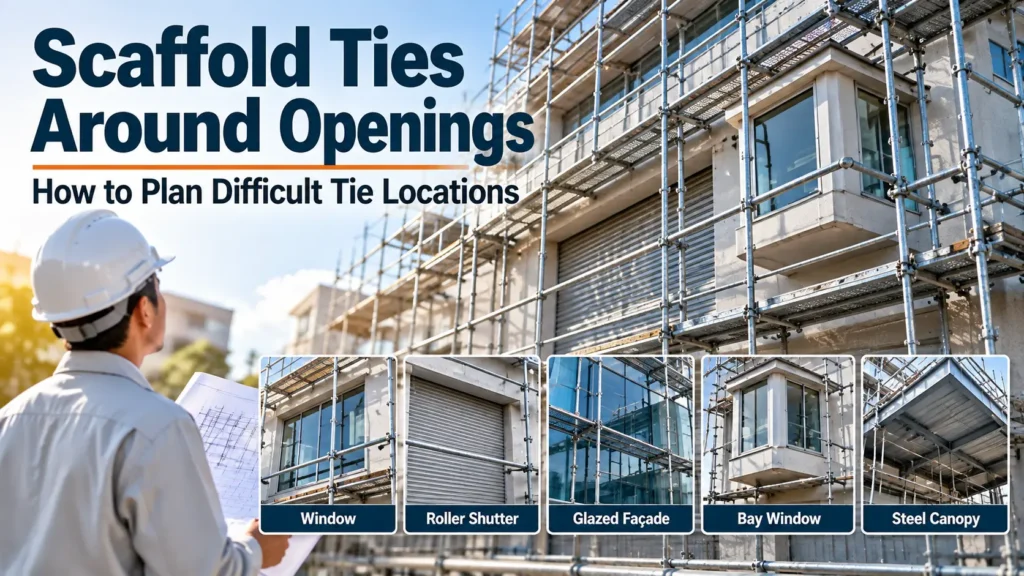 Scaffold ties around openings showing windows, roller shutters, glazed façades, bay windows and steel canopies