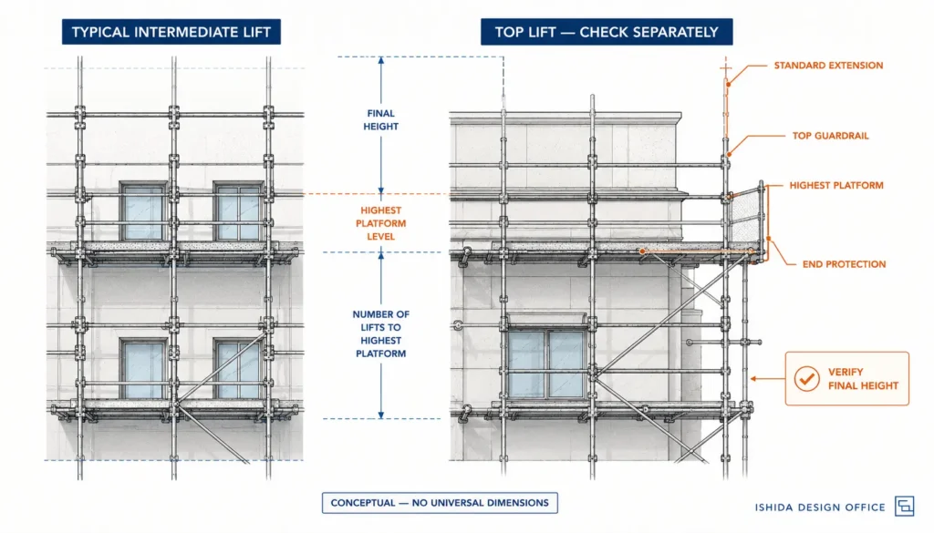 Technical comparison of a typical intermediate scaffold lift and top lift showing the highest platform, standard extension, top guardrail and end protection.