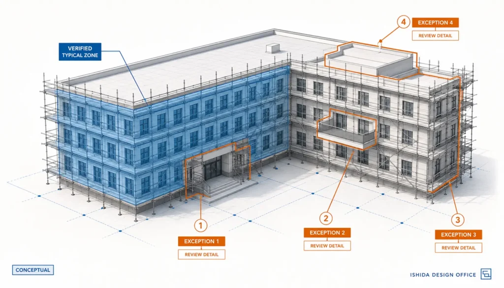 Axonometric scaffold model showing a verified typical zone and exception areas at an entrance, balcony, short corner return and stepped roof.