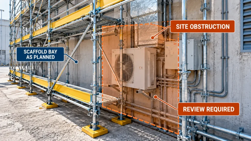 Scaffold beside a building with an unexpected fixed obstruction highlighted for design review. Caption: Site conditions can reveal obstructions that were not represented in the original design information.