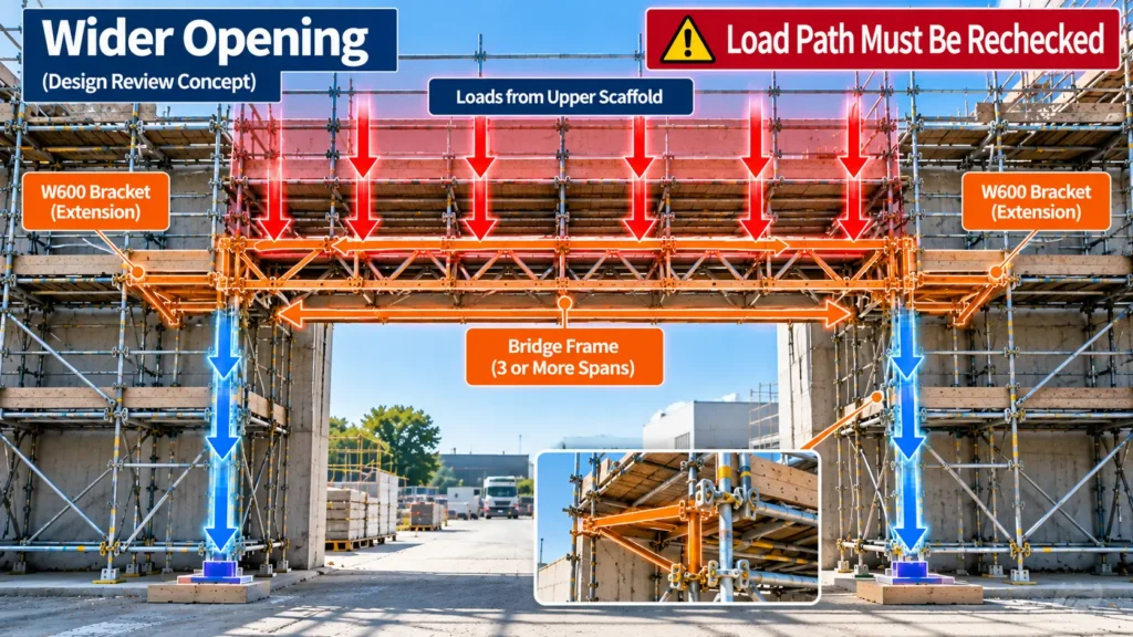 Scaffold wider opening design review showing bridge frame, W600 bracket extensions and load path from upper scaffold