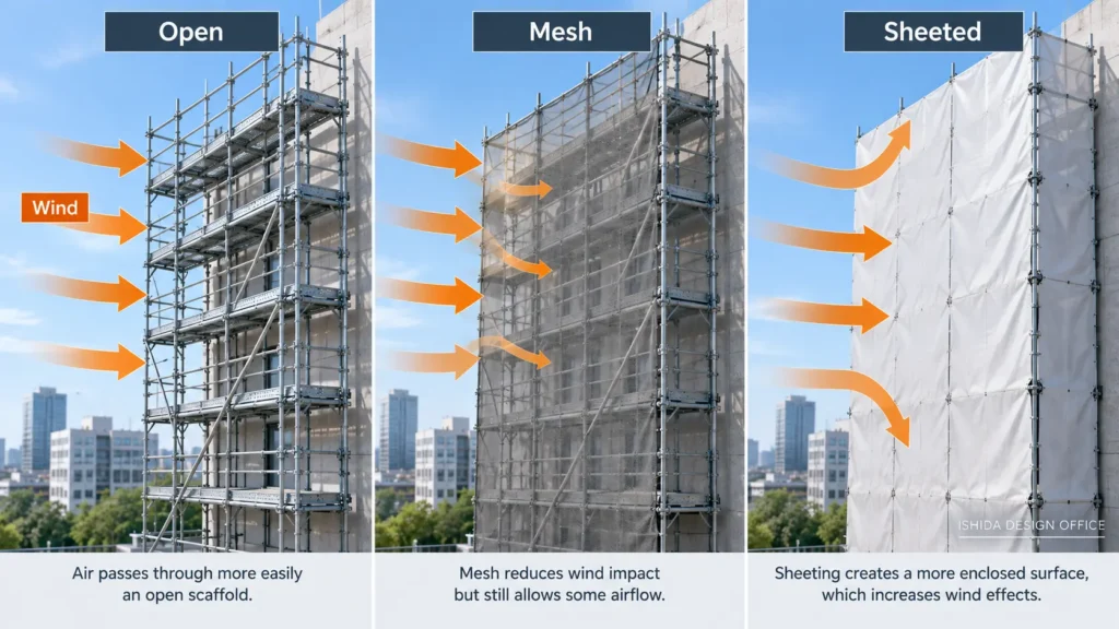 Comparison of wind effects on open, mesh-covered and sheeted scaffolds