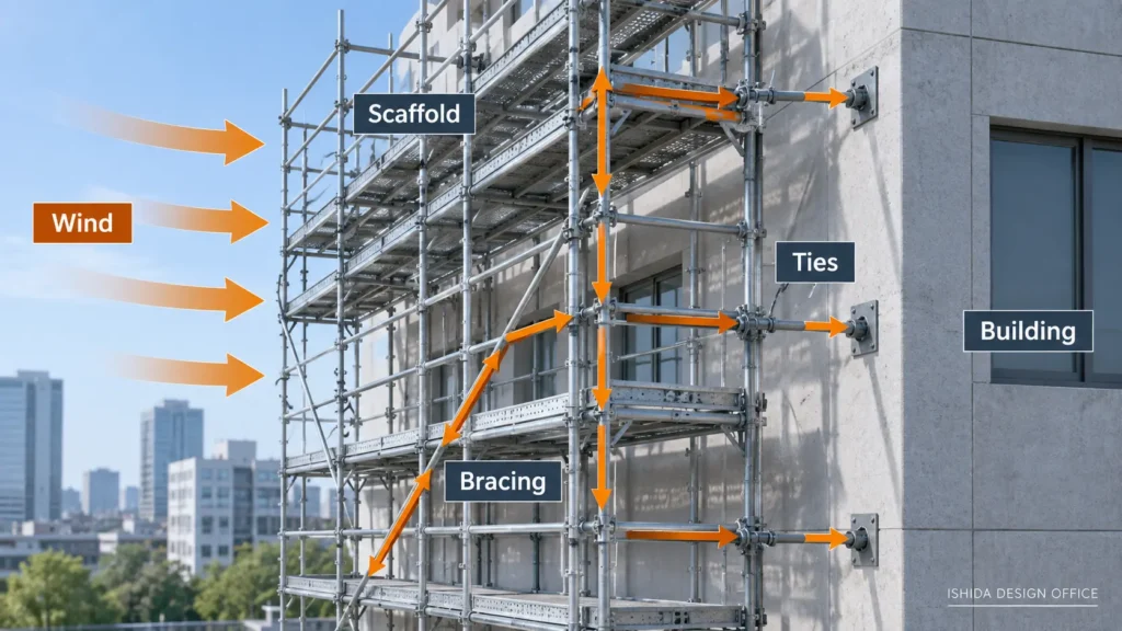 Scaffold wind load path through bracing and ties to the building