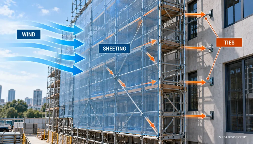 Wind load on scaffold sheeting transferred to building ties