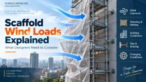 Sheeted scaffold exposed to wind, illustrating scaffold wind loads, ties, bracing and building conditions