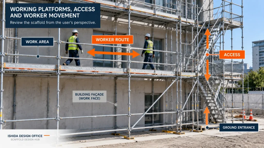Scaffold working platform, access stairs and worker movement route reviewed for site constructability