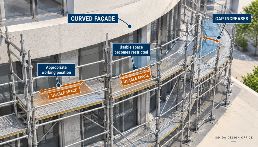 Scaffold working platform layout around a curved facade showing changes in usable space and gap