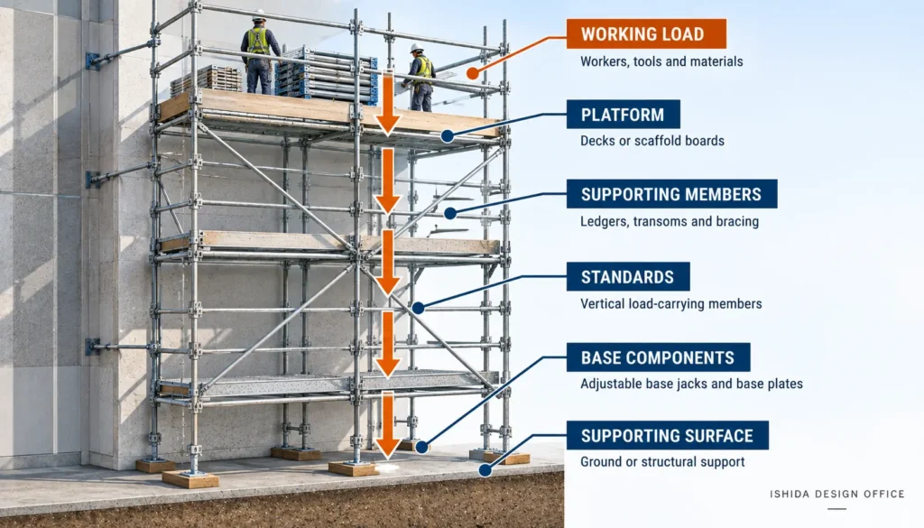 Scaffold working platform load path from workers and materials through supporting members to the ground