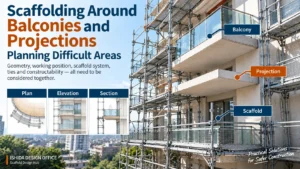 Scaffolding around balconies and building projections with plan, elevation and section views for practical scaffold planning.