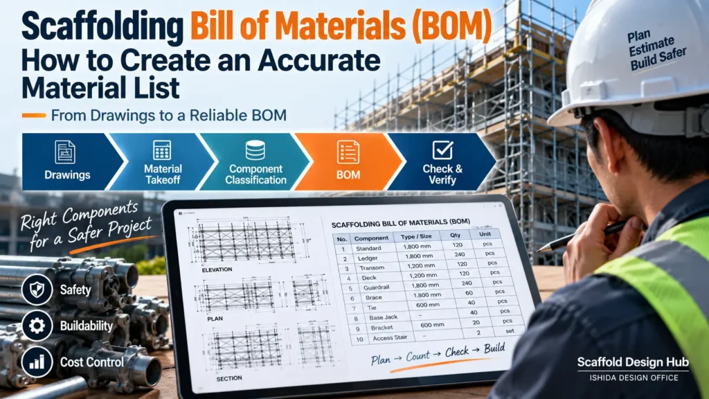 Scaffolding bill of materials showing scaffold drawings, material takeoff, component classification and BOM verification