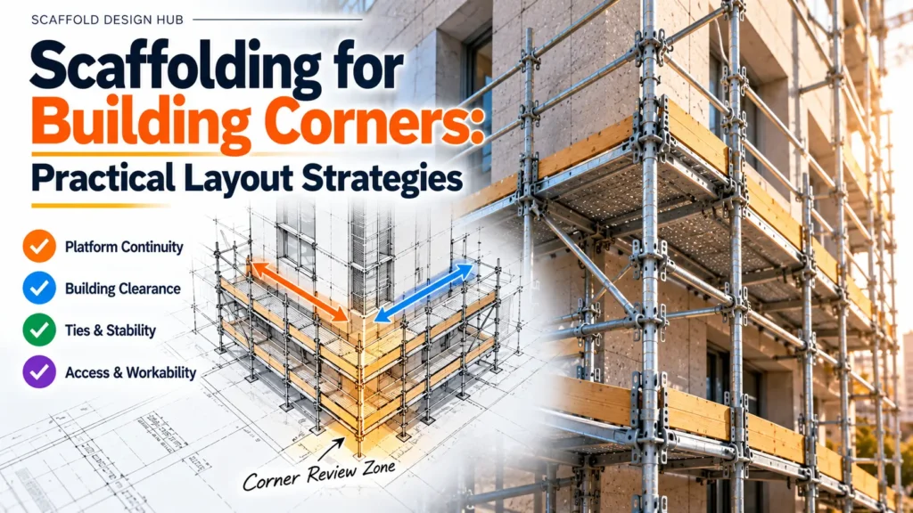 Scaffolding around a building corner showing platform continuity, clearance, ties, stability and access planning