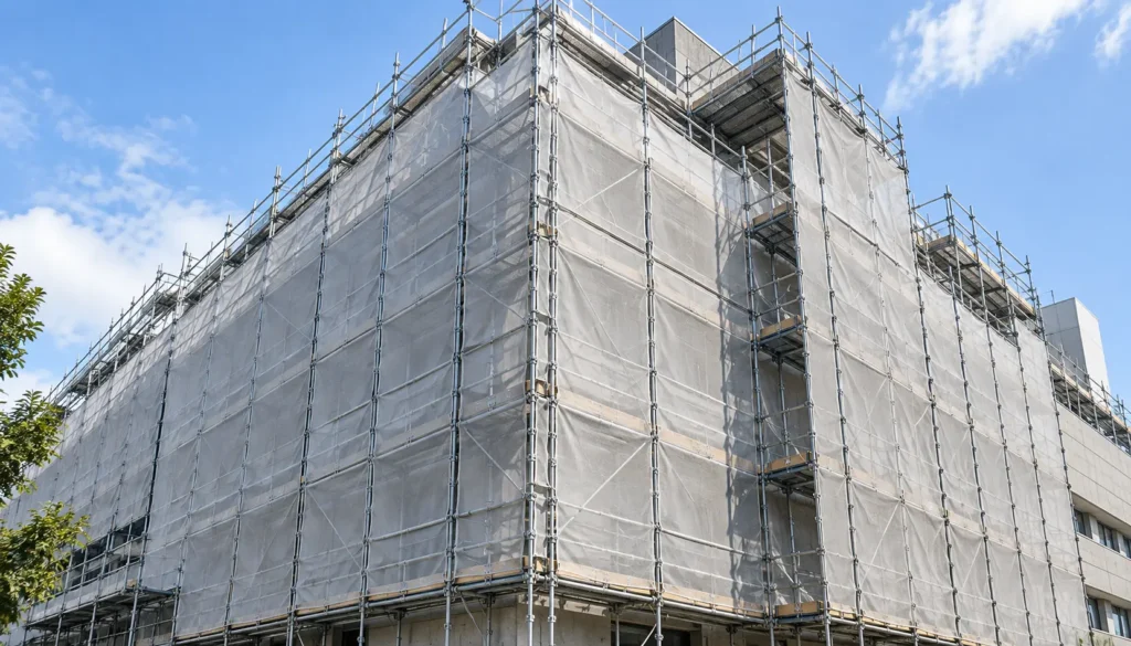 Sheeted scaffold wrapping around a building corner with extensive enclosure coverage