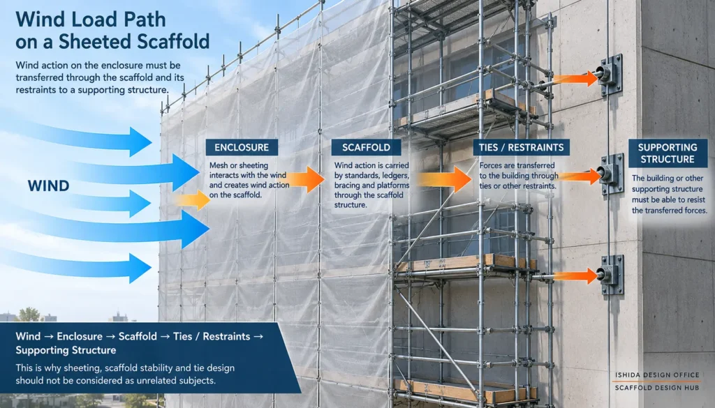 Wind load path from scaffold sheeting through the scaffold and ties to the supporting structure
