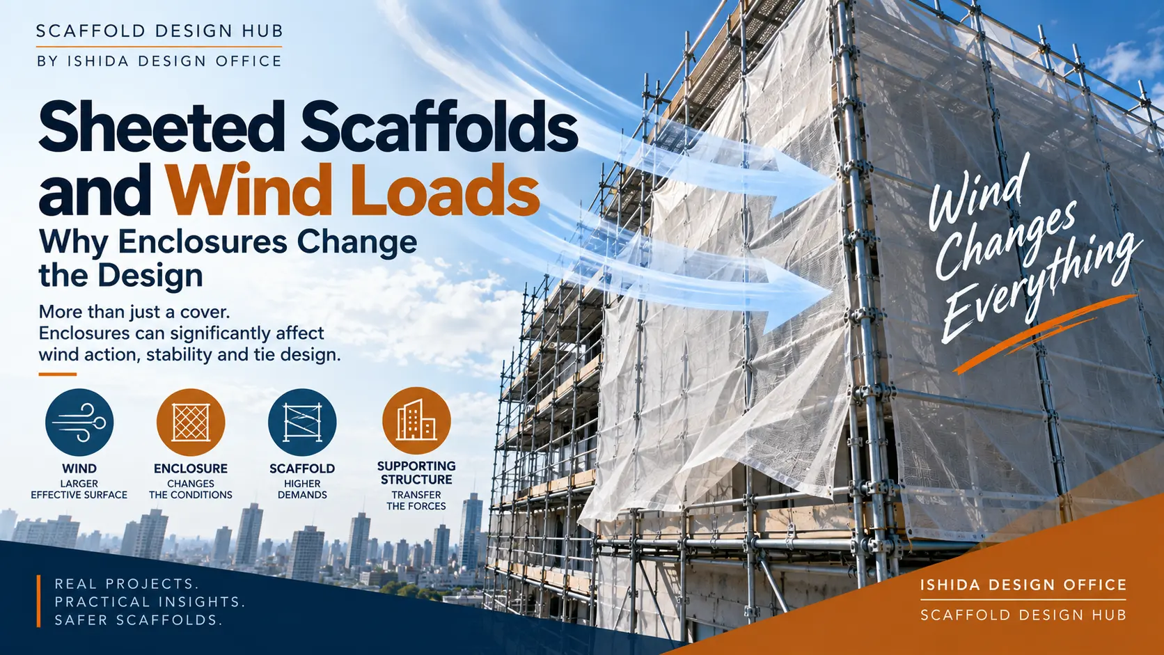 Sheeted scaffold exposed to wind, illustrating how enclosures can change scaffold wind loading and design conditions.