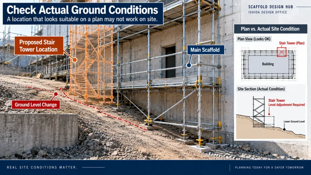 Stair tower planning diagram showing how sloping ground and level changes can affect a proposed location