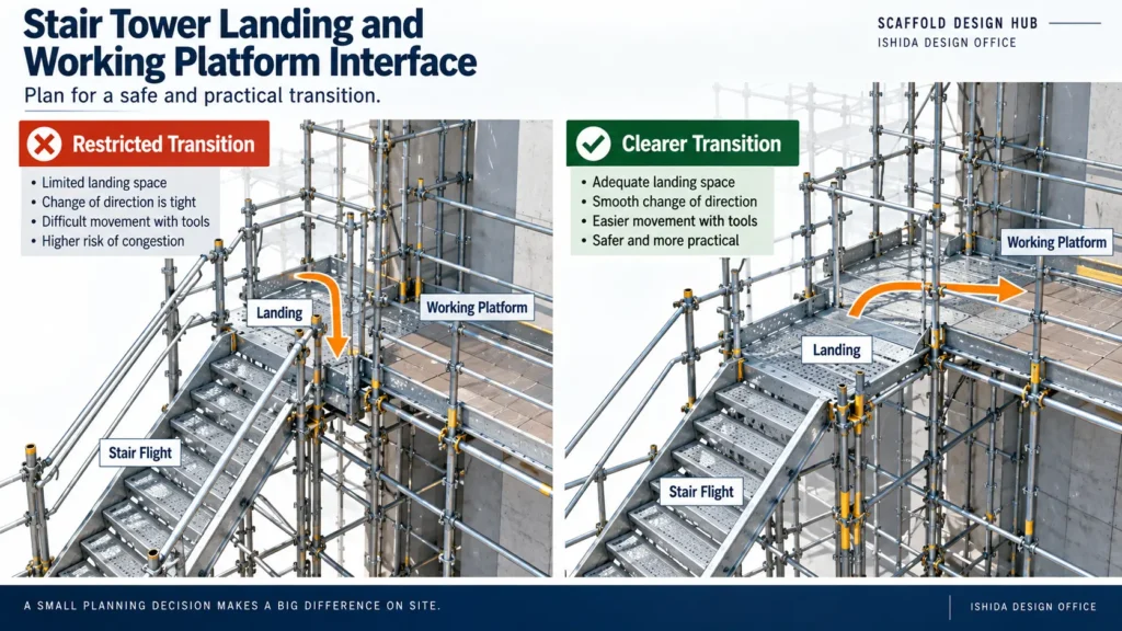 Comparison of restricted and clearer transitions between a scaffold stair tower landing and working platform