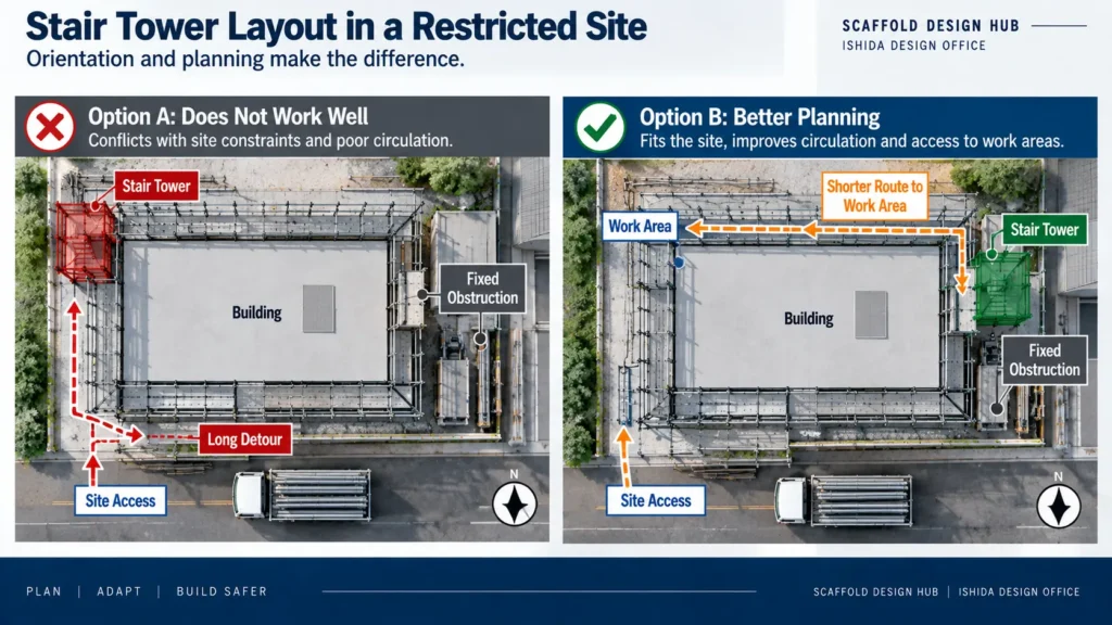Comparison of stair tower layouts in a restricted site showing how location and orientation affect worker circulation