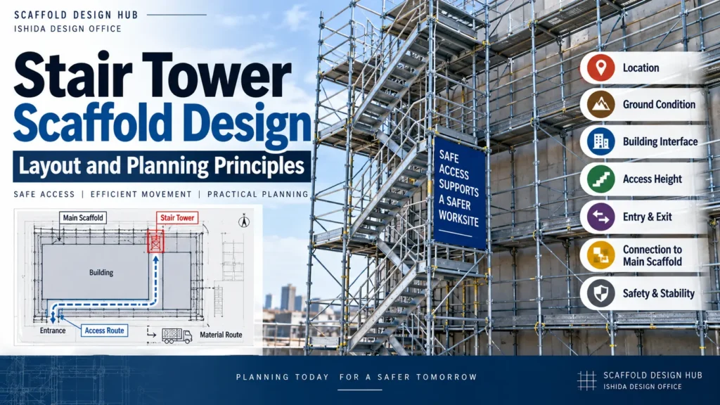 Stair tower scaffold design showing layout, access route, ground conditions and connection to the main scaffold