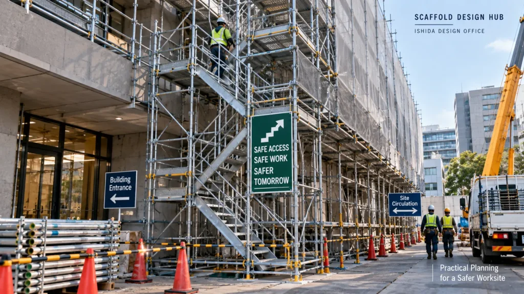 Stair tower scaffold planned alongside building entrances and site circulation routes