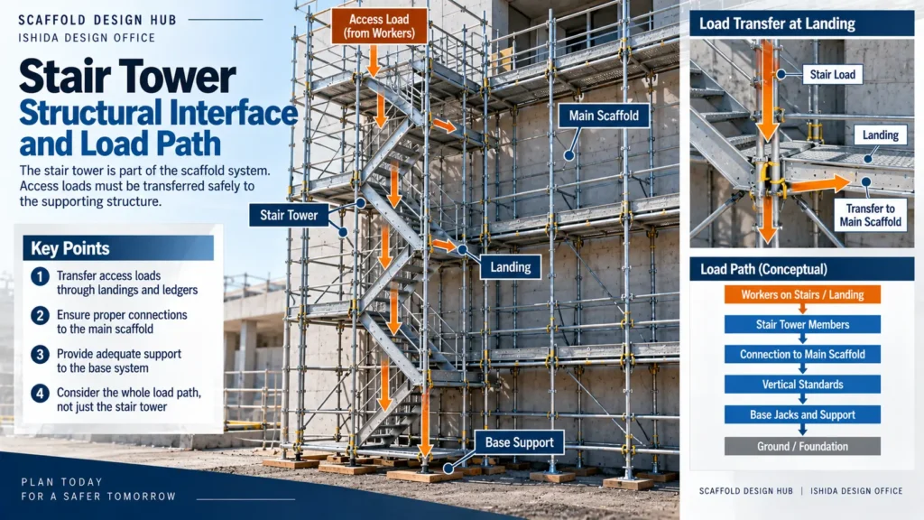 Conceptual diagram showing stair tower access loads transferring through landings, scaffold members, connections and base supports