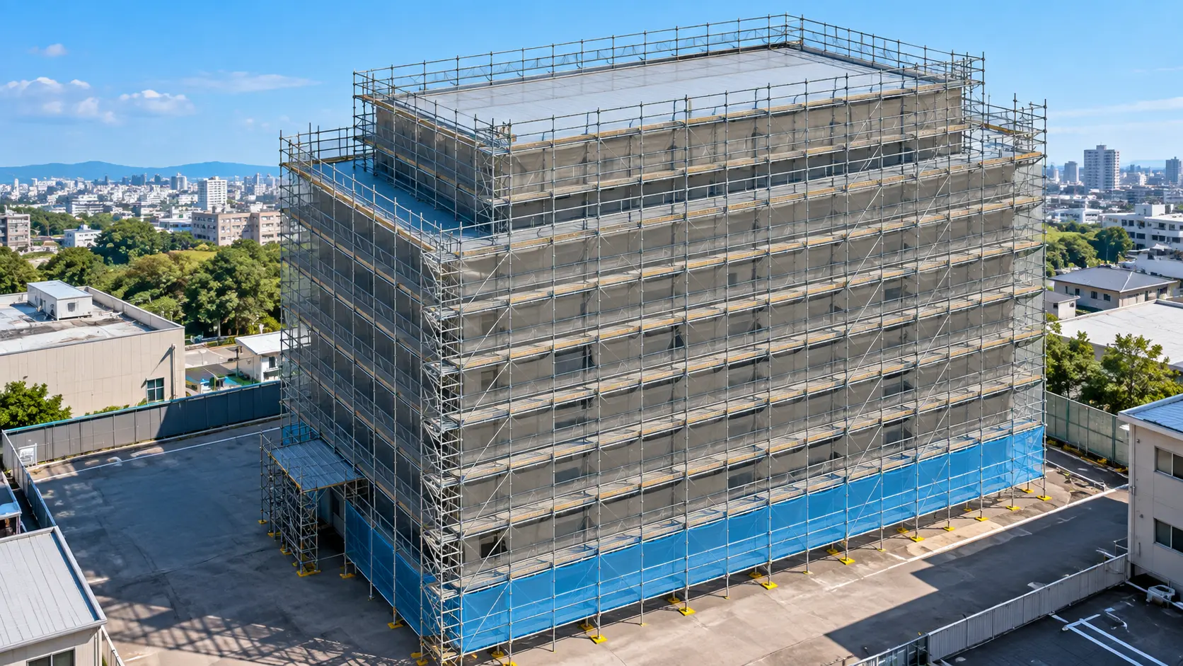 Photorealistic AI visualization illustrating a scaffold arrangement around a building